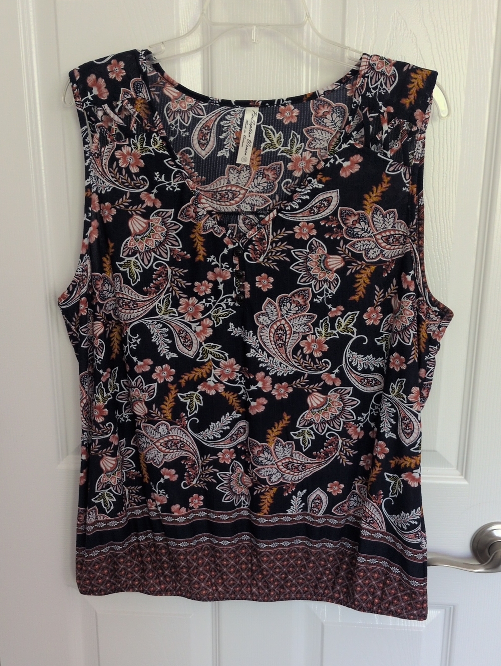 PerSeption Navy Blue Floral Paisley Sleeveless V Neck Blouse - 1X